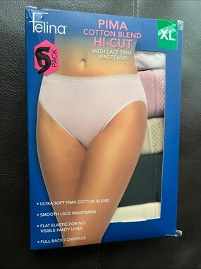 Pima Cotton Blend Hi-Cut with Lace Trim Waist Band 5-Pack by Felina